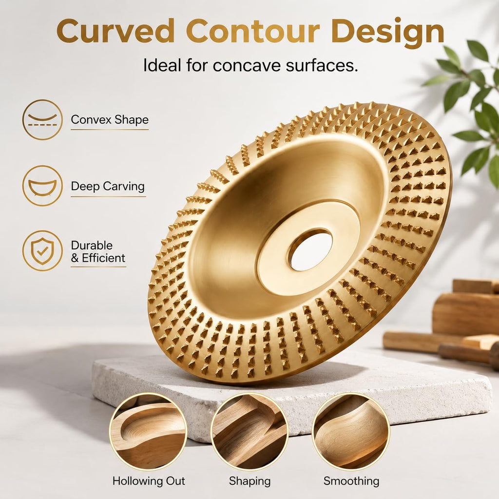 3PCS Wood Carving Disc Set, Tungsten Carbide Grinding Wheel Attachments for 4" & 4.5" Grinders, Wood Shaping Sanding Polishing Discs for Woodworking (Flat + Inclined + Curved, 22mm Arbor, Golden)