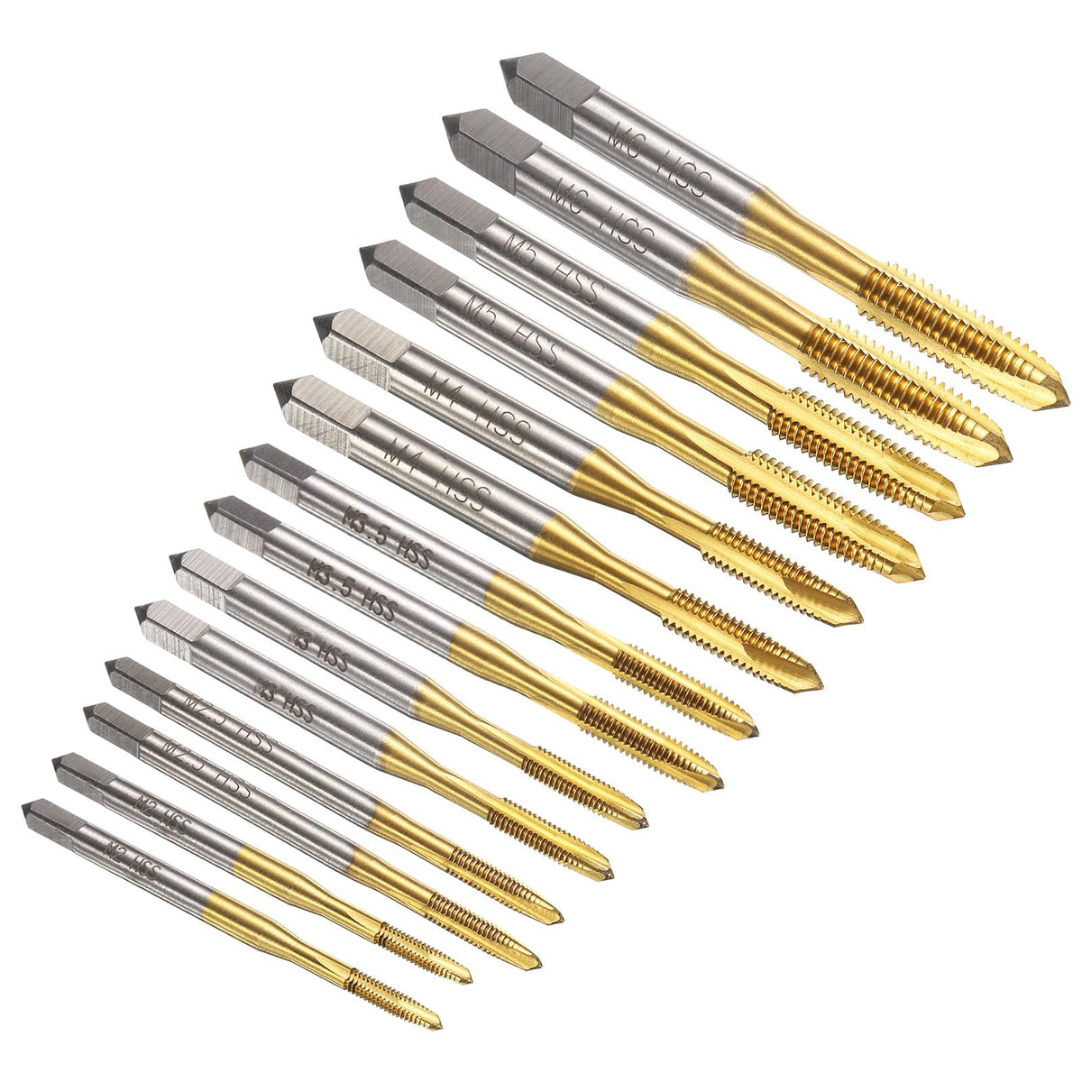 uxcell 14pcs Spiral Point Tap Set M2 M2.5 M3 M3.5 M4 M5 M6 Metric Thread Screw Taps, Titanium Coated High Speed Steel 6542 Machine Tapping Threading Repair Tool