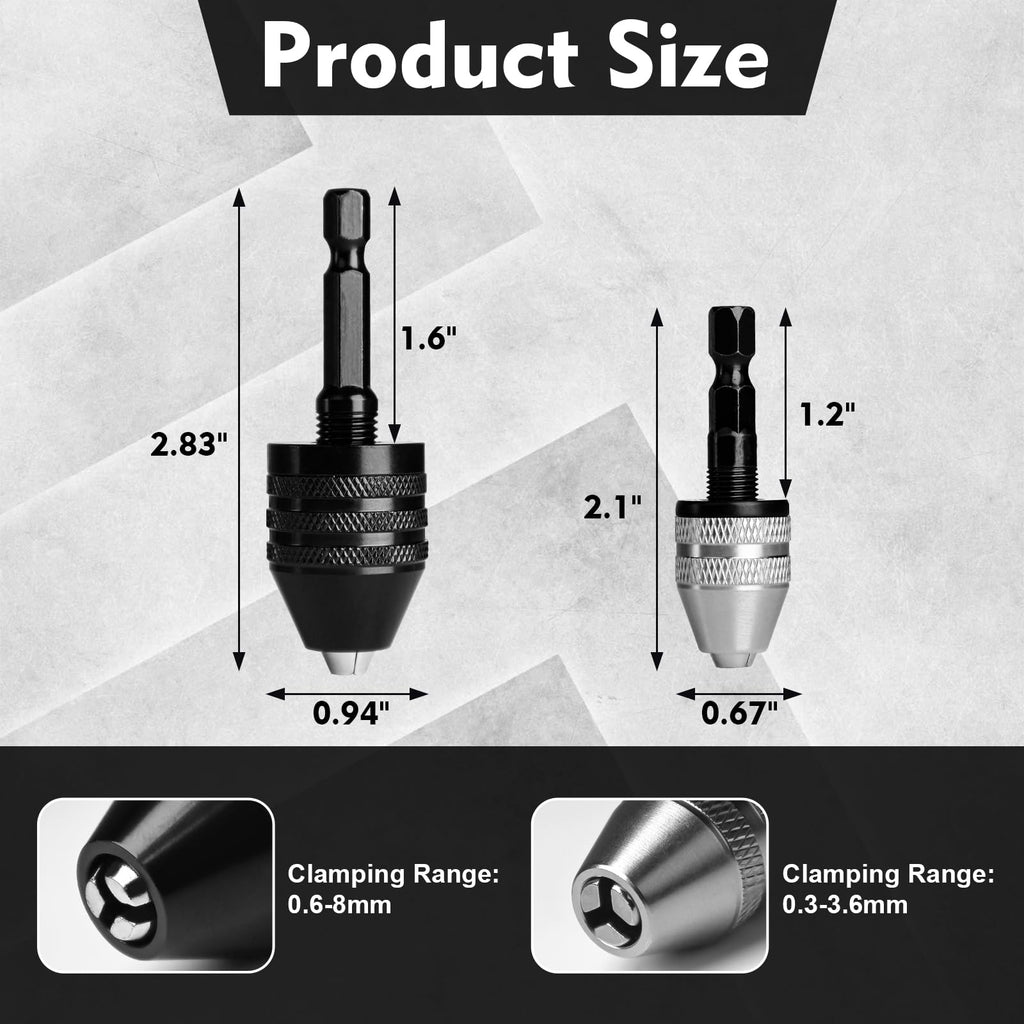 2 Pack Keyless Drill Chuck Adapters, 1/4 in Hex Shank, 0.3-8mm