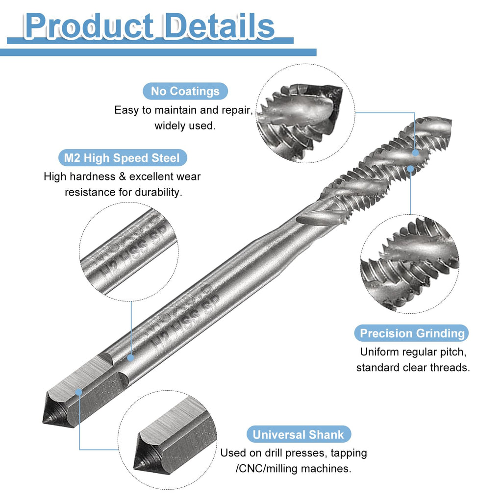 uxcell Spiral Flute Thread Taps M5 x 0.8 H2 Metric Machine Threading Tap Bit, Uncoated Screw Tapping Repair Tool, M2 High-Speed Steel (HSS)