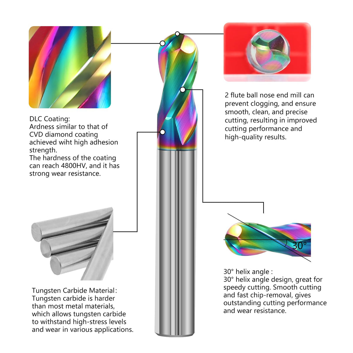 AYCHOLIZ 3PCS 3/8" 2 Flute Ball Nose End Mill Set for Aluminum, DLC Coated