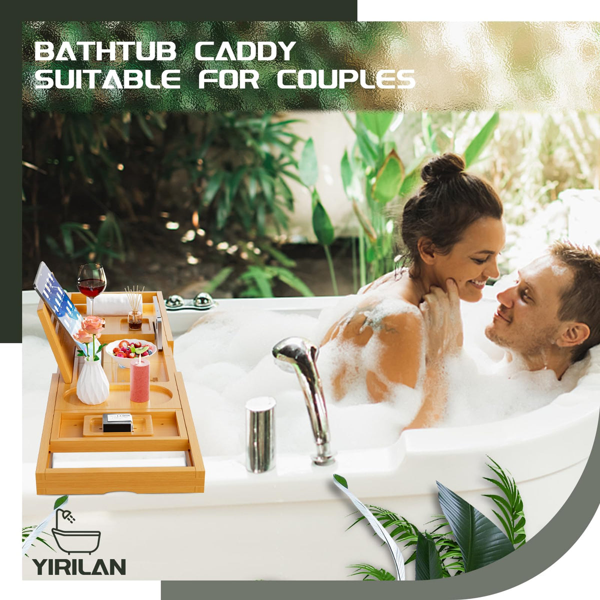 Bamboo Bath Tray, Foldable Premium Bath Caddy, Adjustable Bath Board with Book Rest, Extendable Wooden Tray Bath