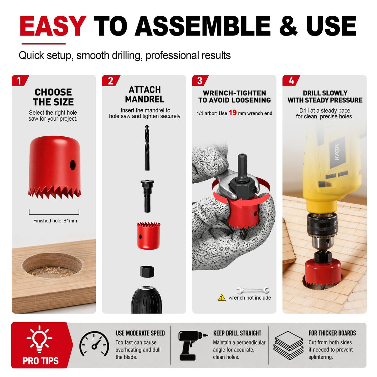 KATA 8PCS Hole Saw Kit 1" to 2-1/8" Hole Saw in Case for Wood, PVC, Plywood