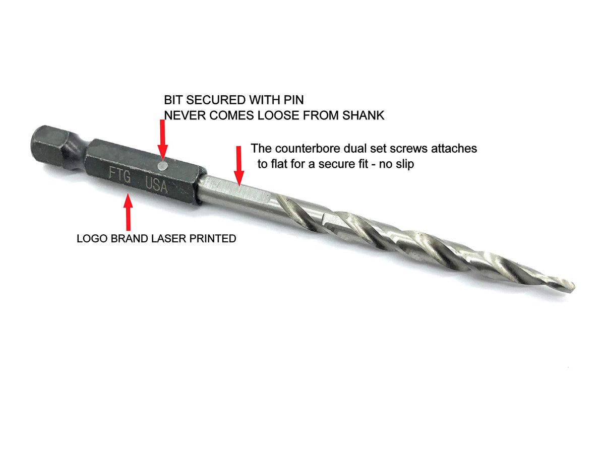 FTG USA 3 Pc #4 (7/64") Replacement Tapered Countersink Drill Bit Hex Shank
