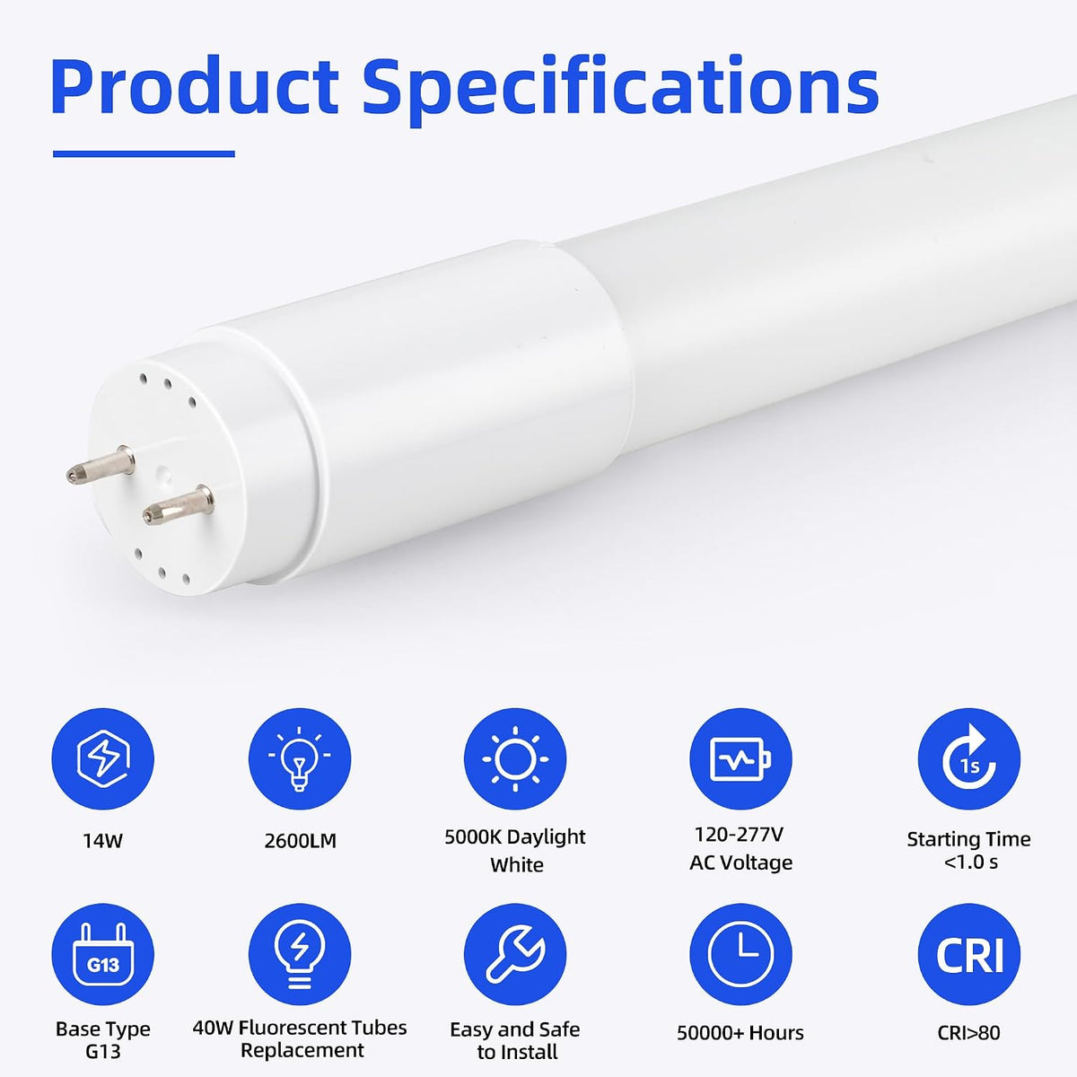 hykolity T8 LED Bulbs 4 Foot,186LM/W,14W 2600LM 5000K, T8 Type A+B, DLC 6.0