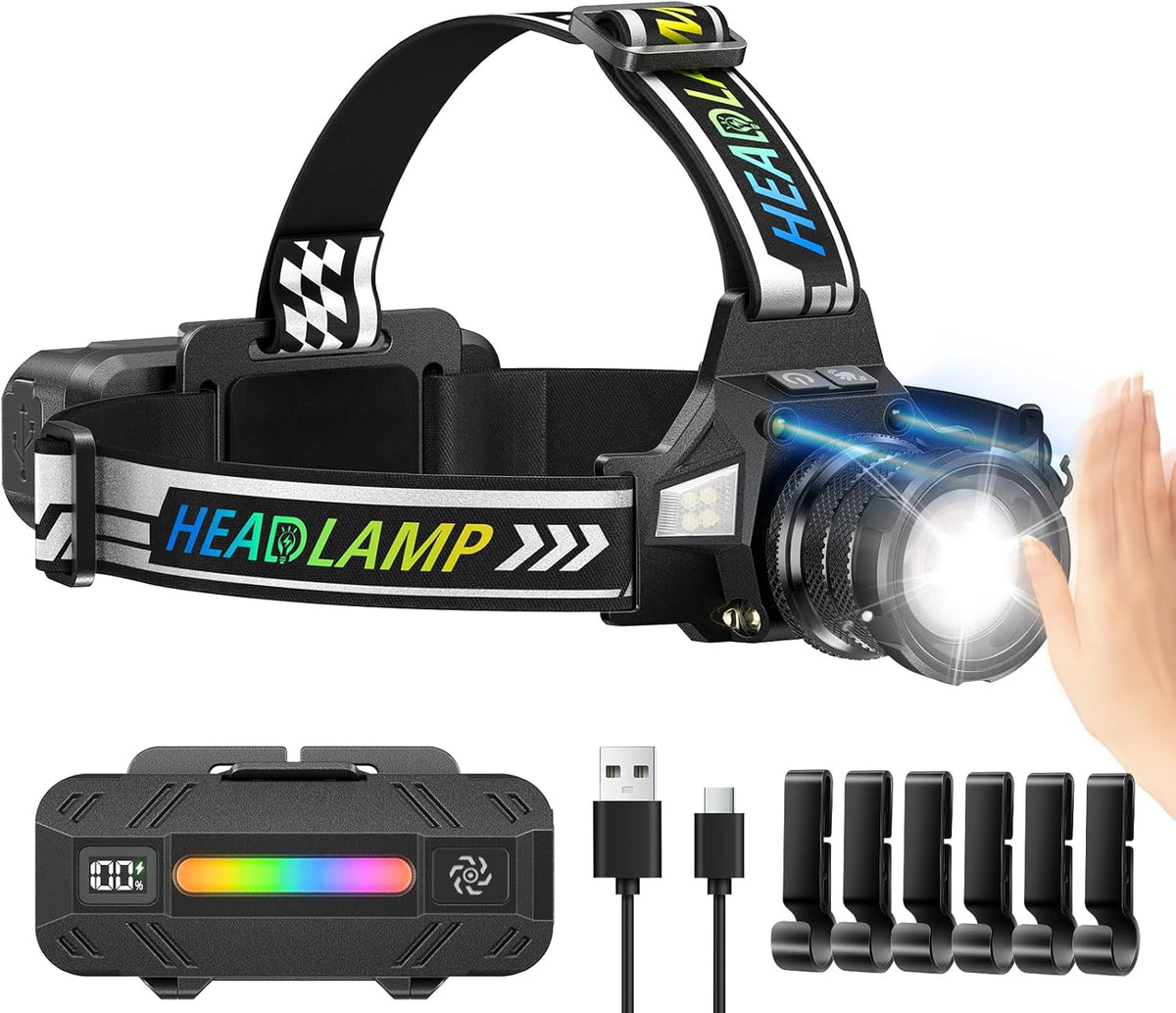 Rechargeable LED Headlamp, Super Bright Head Lamp, White Green UV Light