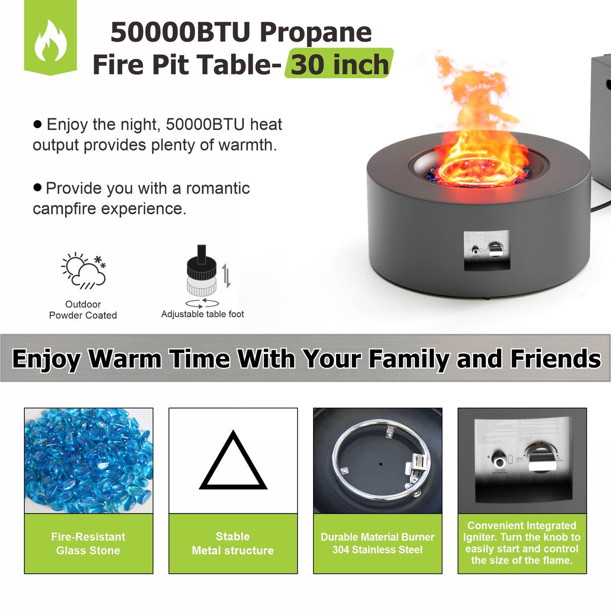 30" Round Propane Fire Pit Table Firepit Table for Outside Patio