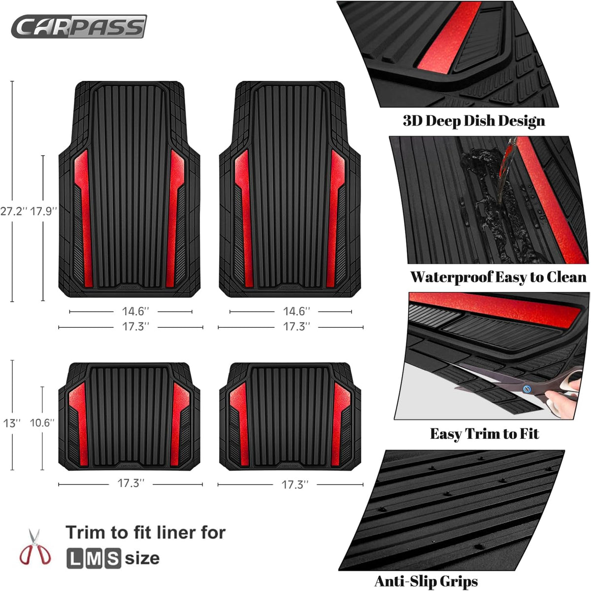 Heavy Duty Rubber Car Mats Metallic, Aluminum Film All Weather Floor Mats Waterproof Universal Trim to Fit Automotive