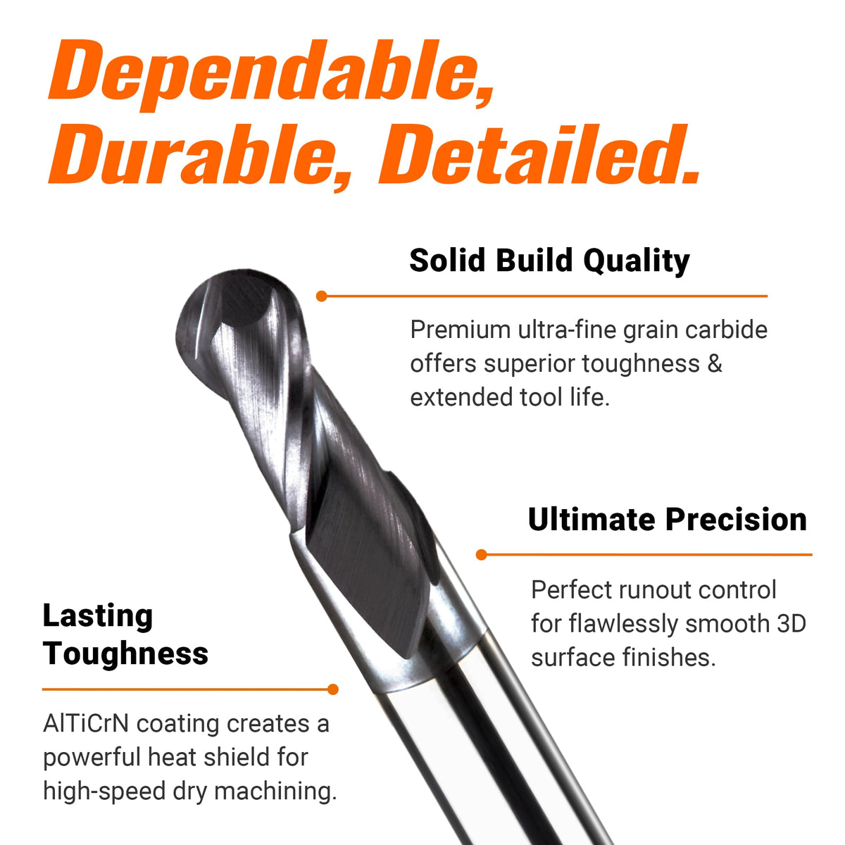 ACCUCUT I2KBL 1/4” Carbide Ballnose Long Shank End Mill- 2 Flute Milling Bit for Steel, Forge Steel, Hardened, Copper, Alloys & Materials < HRC 50 - AlTiCrN Coating CNC Router Bit, 30 Degree Helix