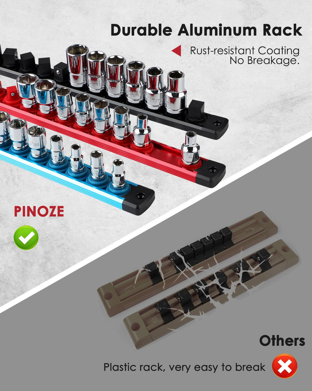 8PCS Magnetic Socket Holder Organizer Set - 1/4, 3/8, 1/2 - Aluminum Alloy Socket Rail Trays for Tool Box Drawer