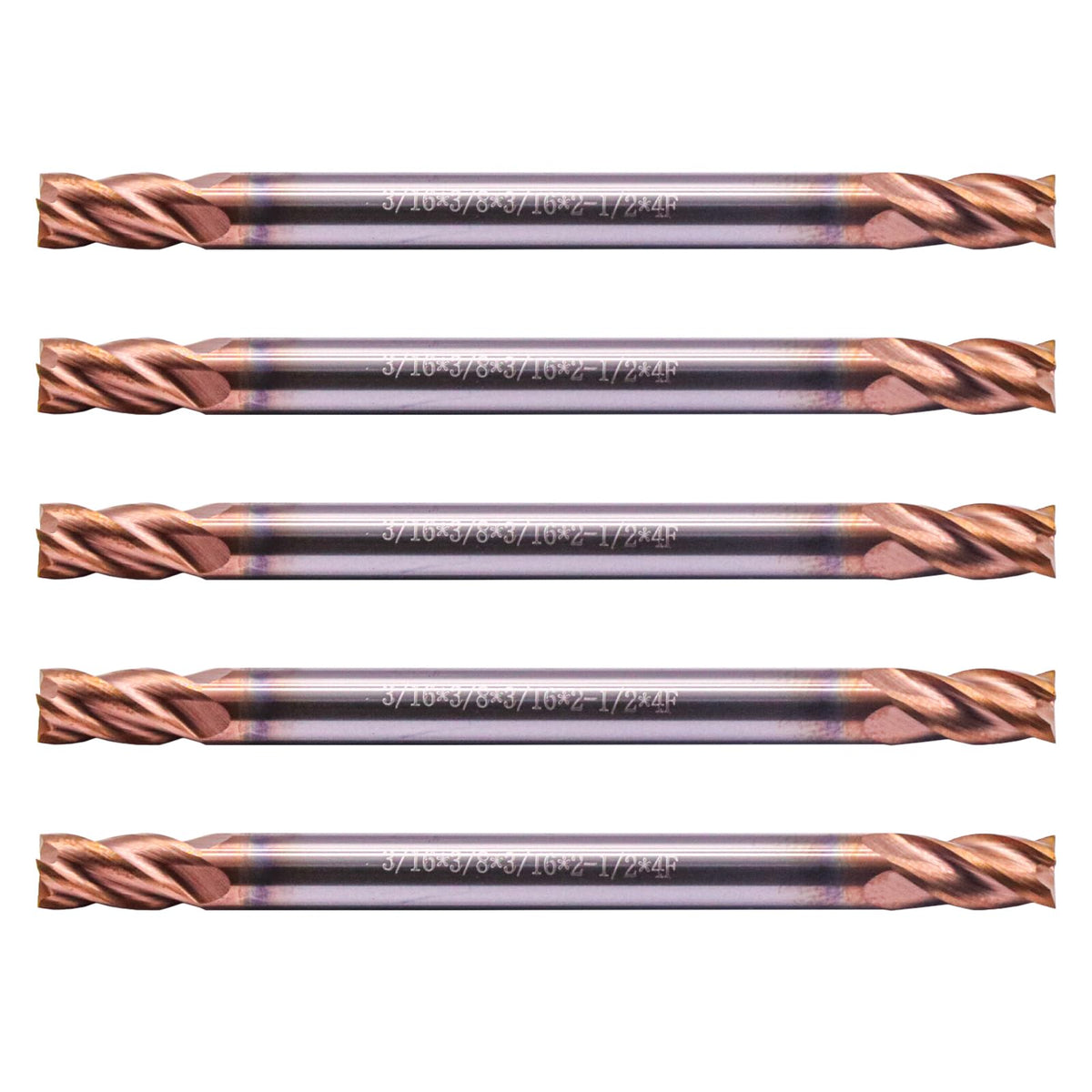 5 Pack 3/16" 4 Flute Double End Solid Carbide Square End Mill, TiSiN Coated