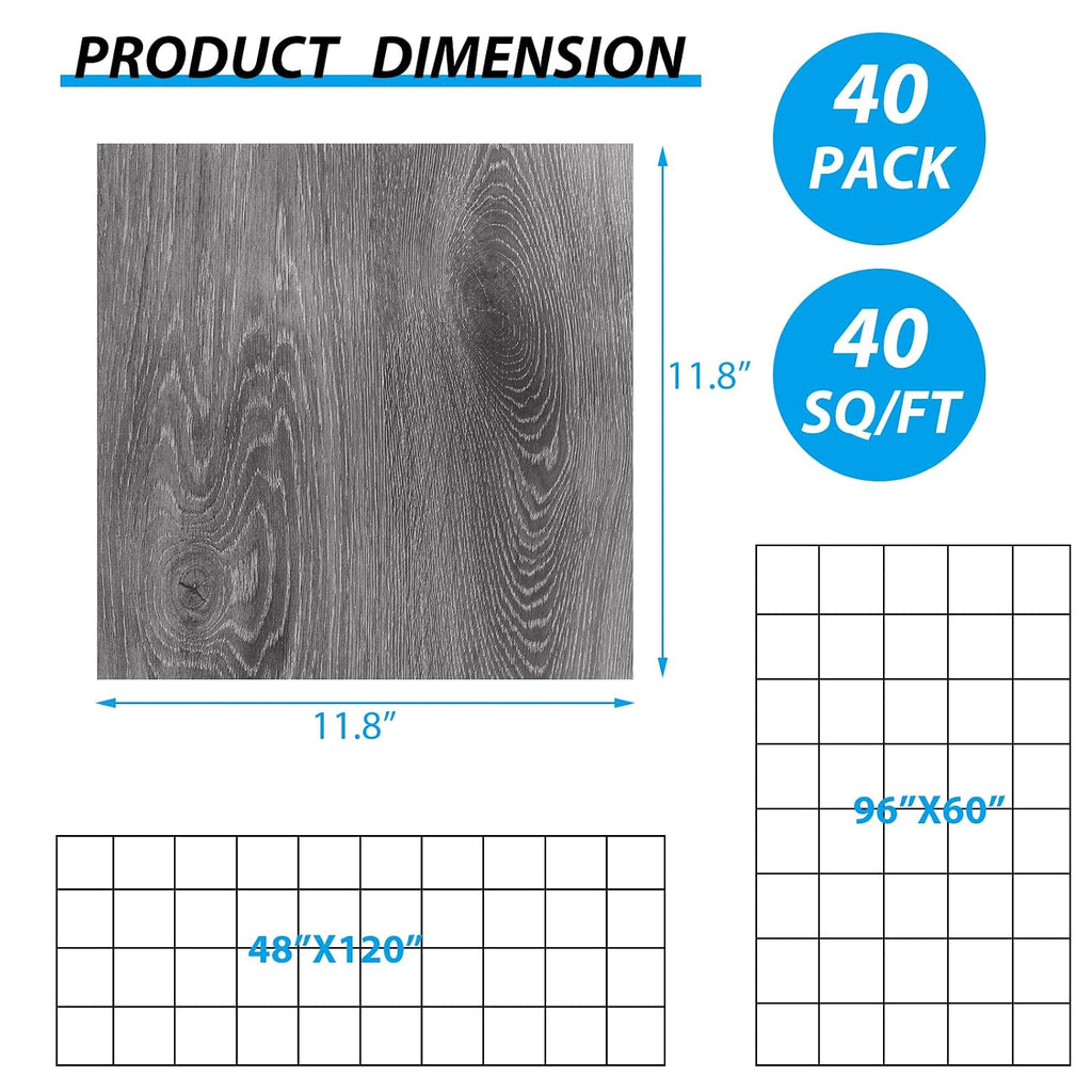 40 Sheet Vinyl Flooring 12” x 12” Peel and Stick Floor Tile Waterproof Clearance Vinyl Floor Tiles Wood Grey Self