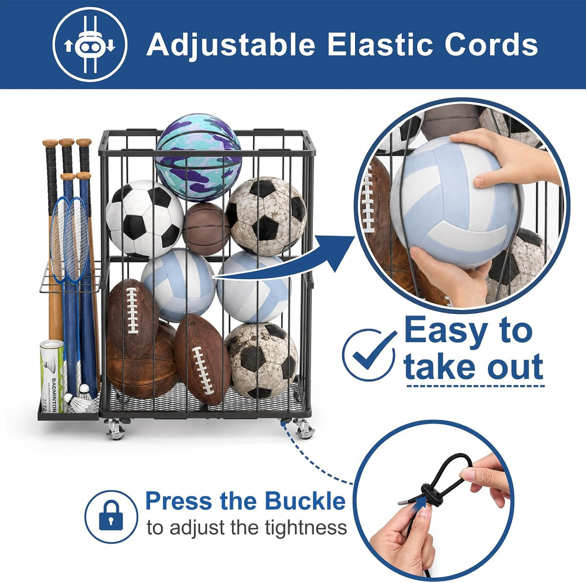 Garage Ball Storage Rack with Wheels and Elastic Rope, Sports Ball Holder for Basketball, Soccer, Volleyball