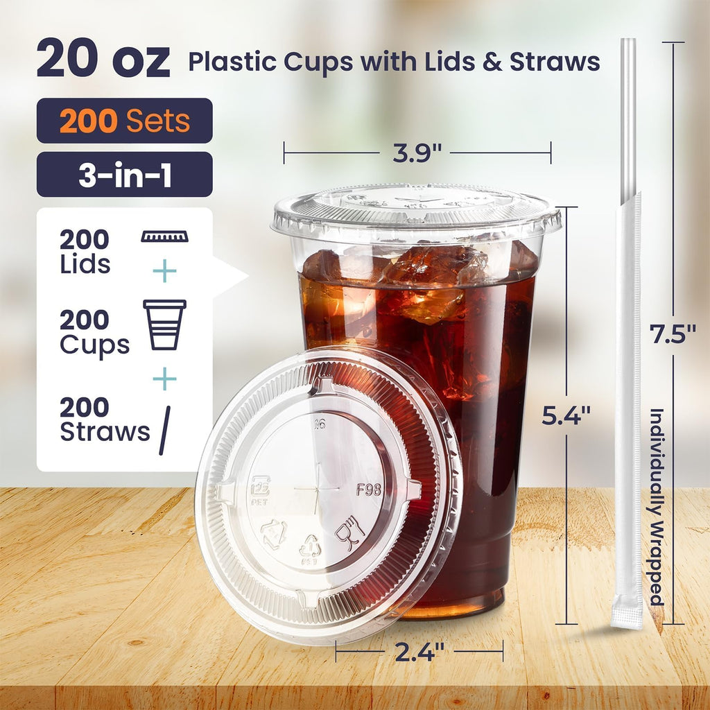 200 Pack 20 oz Plastic Iced Coffee Cups with Flat Lids and Clear Straws, Disposable Clear Cup, BPA Free Cup for