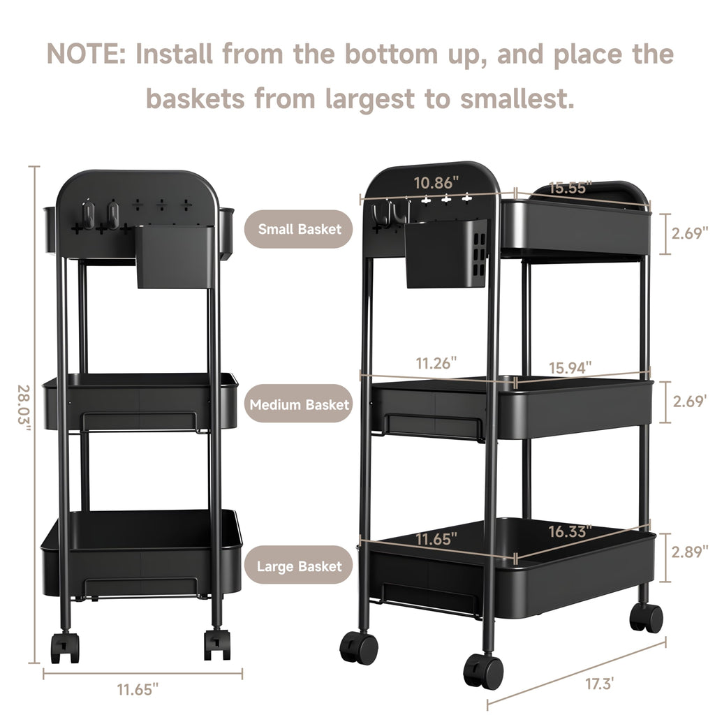 Heavy-Duty Rolling Cart 3 Tier Metal Utility Storage Cart