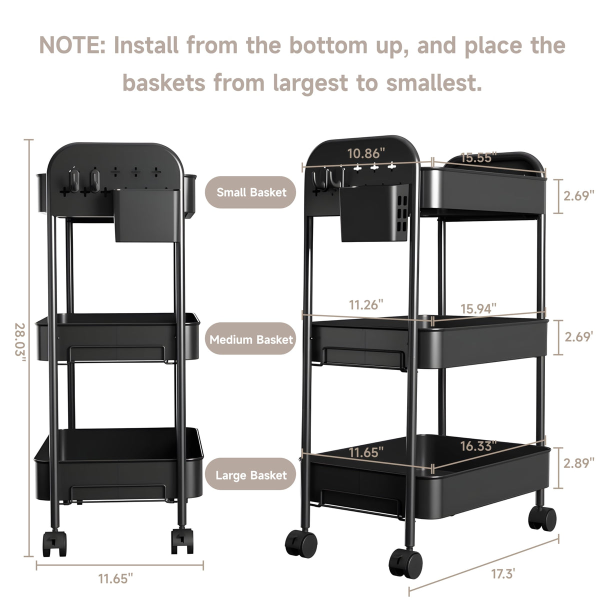 Heavy-Duty Rolling Cart 3 Tier Metal Utility Storage Cart