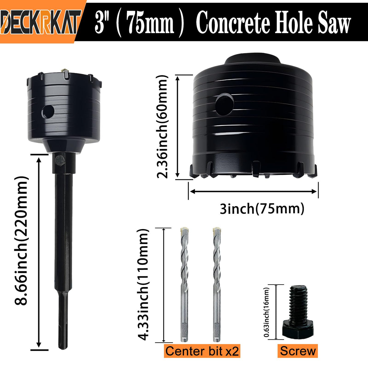 DECKRKAT 3" Concrete Hole Saw Kit,Electroplated Black Quenching Tech,Heavy-Duty Thickened Alloy Teeth,SDS Plus Shank & 2 Center Bits for Concrete,Brick,Stone.