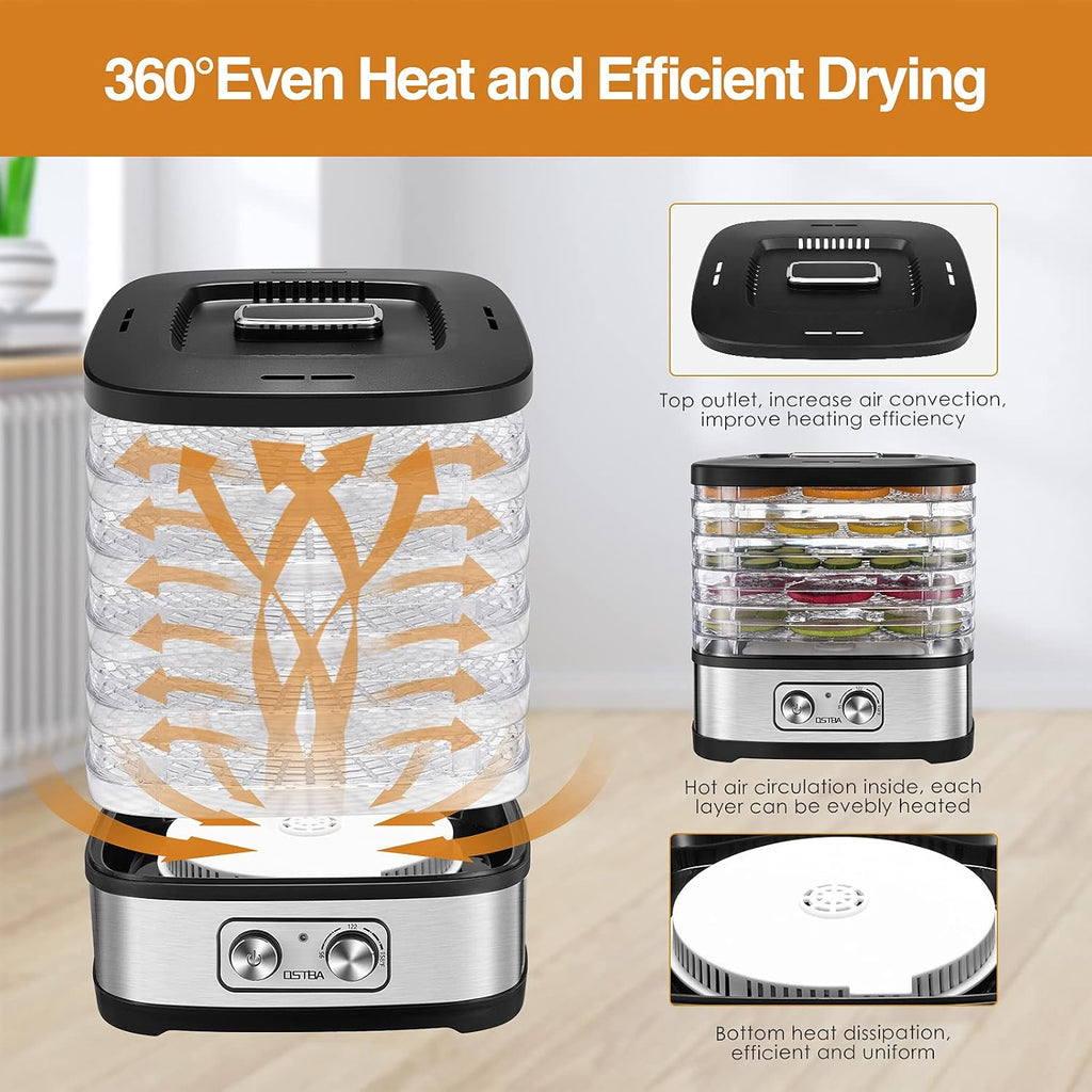 Food Dehydrator, 5 Trays, 240W Dryer for Jerky, Fruit & Veggies | BPA-Free Trays | 95-158℉ Temp | 72H Timer | 360°