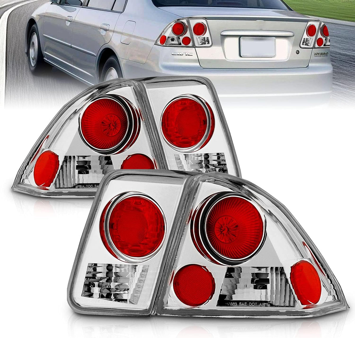 AmeriLite For 2001-2005 Honda Civic 4 Door Chrome Euro Reaplcement Taillights - Passenger and Driver Side