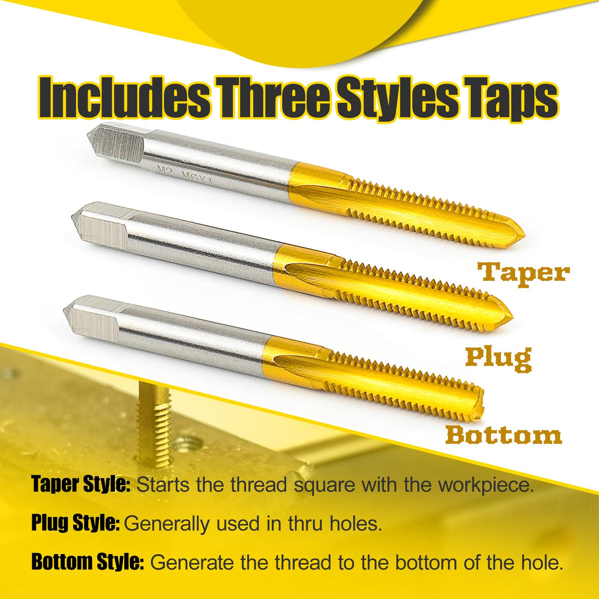 3Pcs M6 x 1.0 Thread Tap for Metal,Taper+Plug+Bottom Threading Hand Tap