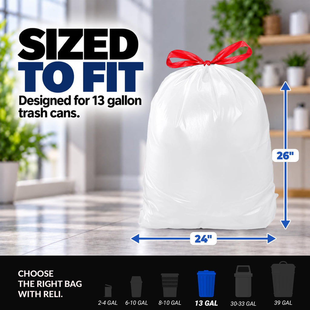 Tall Kitchen Drawstring Trash Bags 13 Gallon | 500 Count Bulk, White
