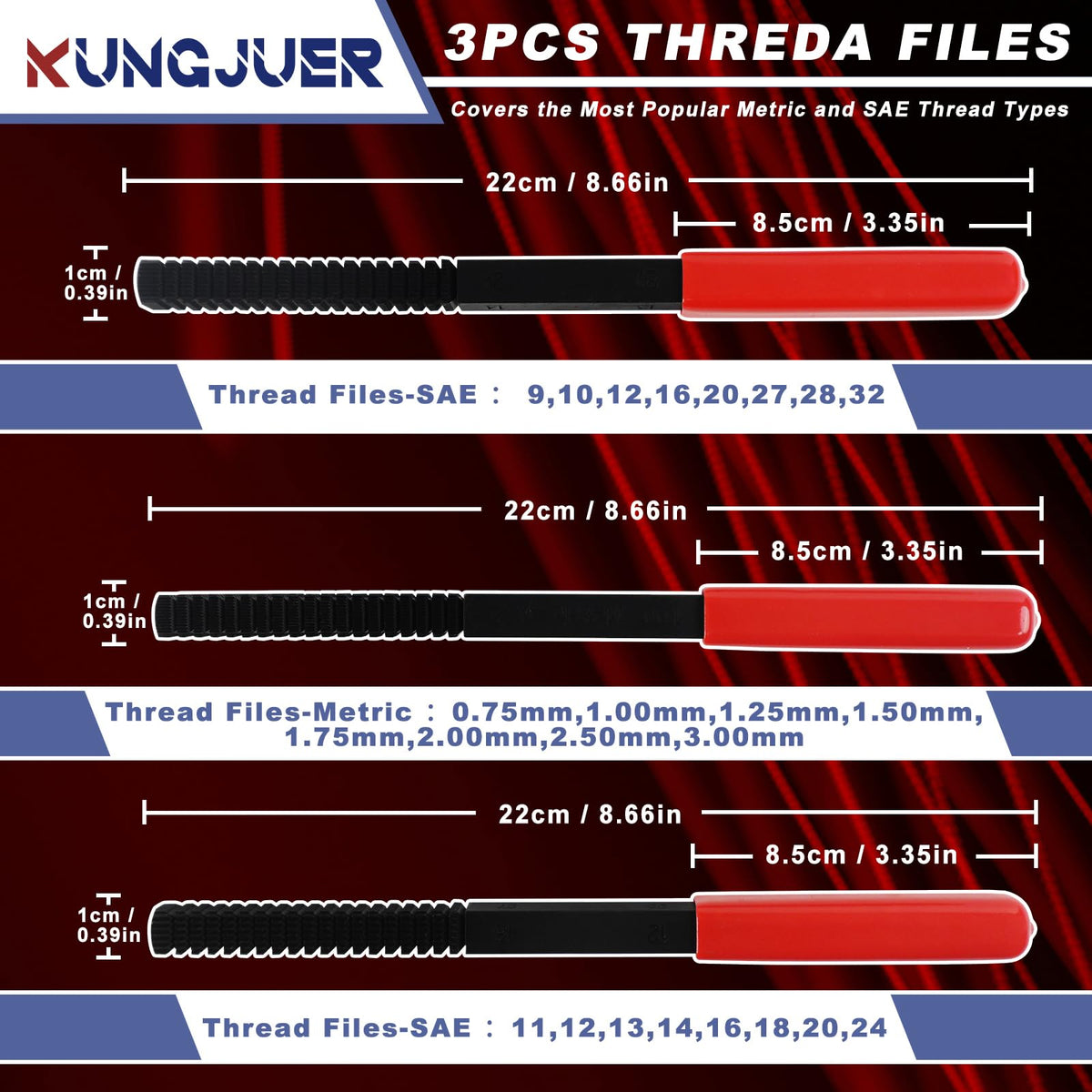 KUNGJUER 3Pcs Thread File Set, Thread Restoring Chaser Files Metric and SAE