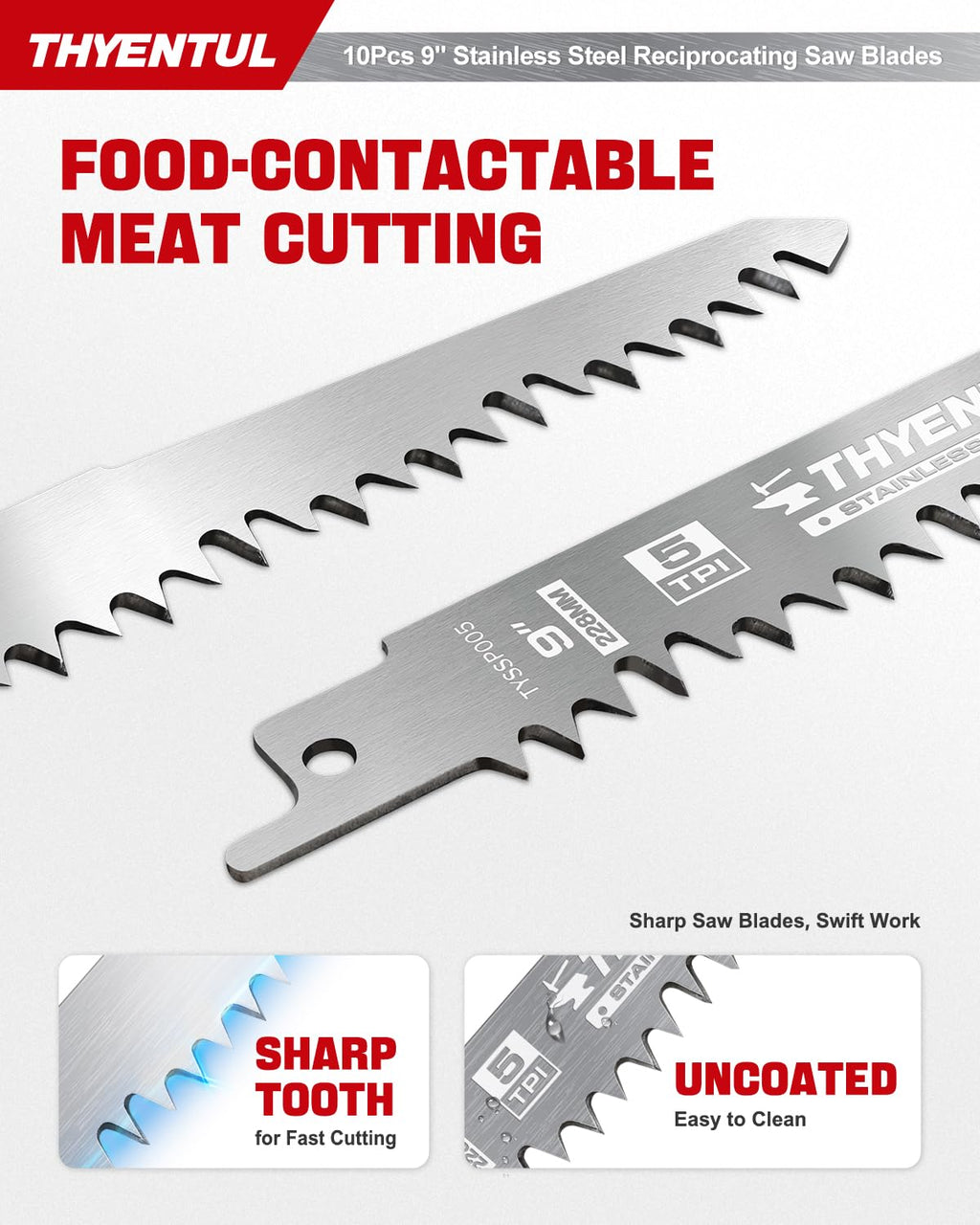 10 Pack 9 Inch Stainless Steel Reciprocating Saw Blades, 5 TPI Uncoated Sawzall Blades for Frozen Meat, Fish & Bone, Fleam Ground Teeth, Universal Fit
