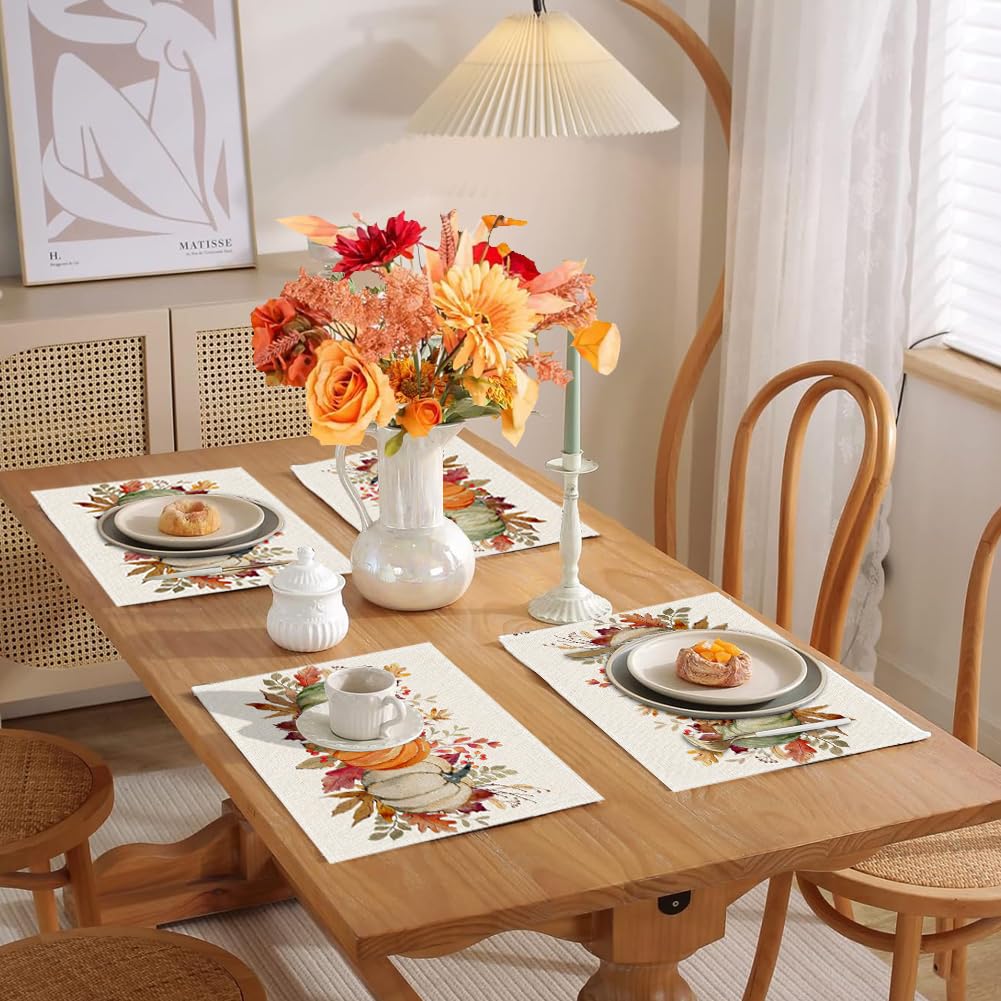 Orange Pumpkins Leaves Fall Placemats Set of 4