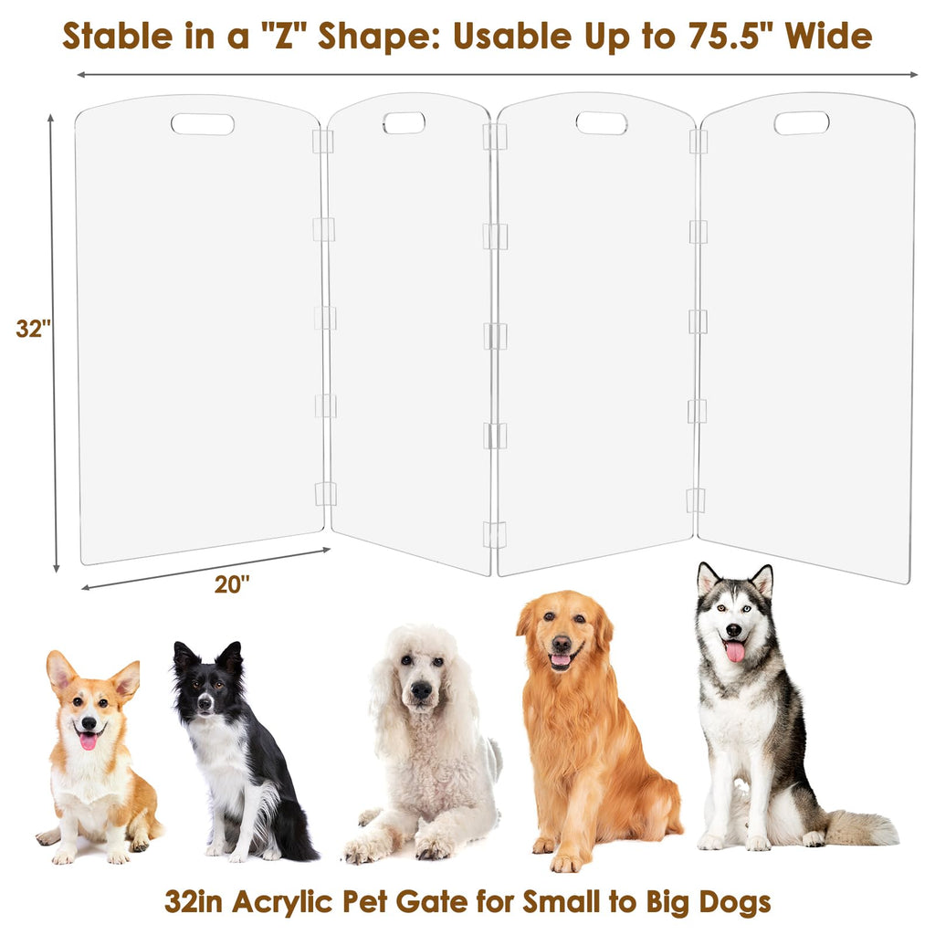 32" Tall 4-Panel Clear Acrylic Freestanding Indoor Pet Barrier Gate with Modern Folding Frame for Wide Doorways, Hallways & Stairs