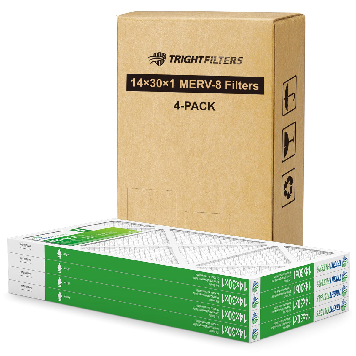 14x30x1 Air Filter 4 Pack, MERV 8 Pleated HVAC Furnace Filter