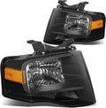 DNA MOTORING HL-OH-FEXP07-BK-AM Black Amber Headlights Compatible with 2007-2014 Expedition, Driver & Passenger Side