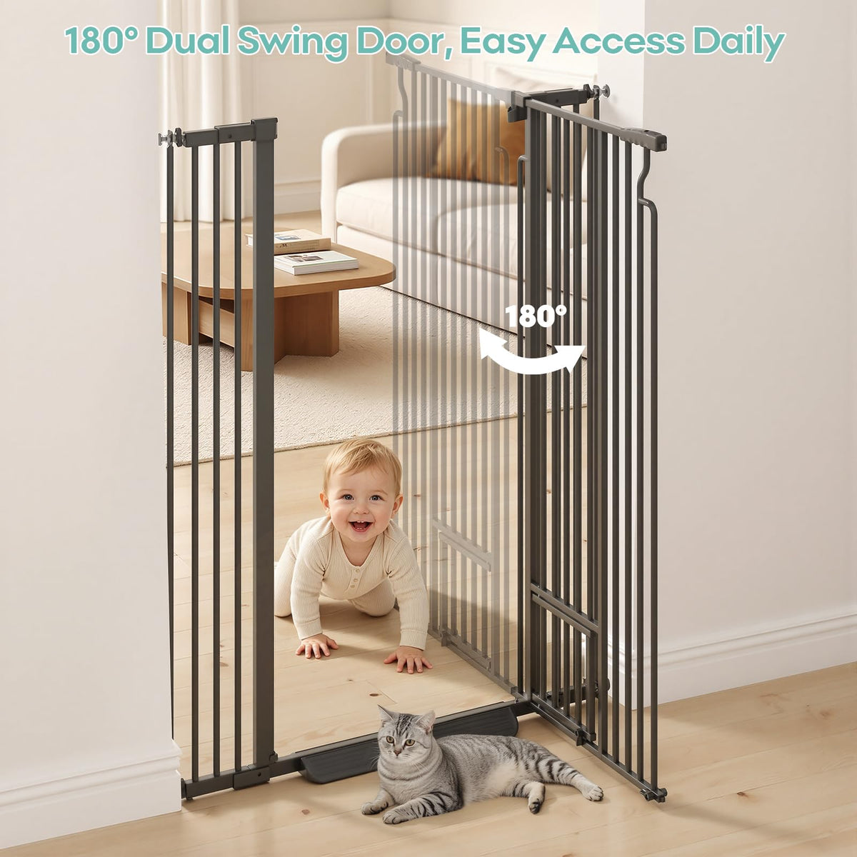Extra-Tall Full-Height Anti-Jump Cat & Pet Safety Gate with No-Drill Pressure Mount & Auto-Close Walk-Through Door — Black