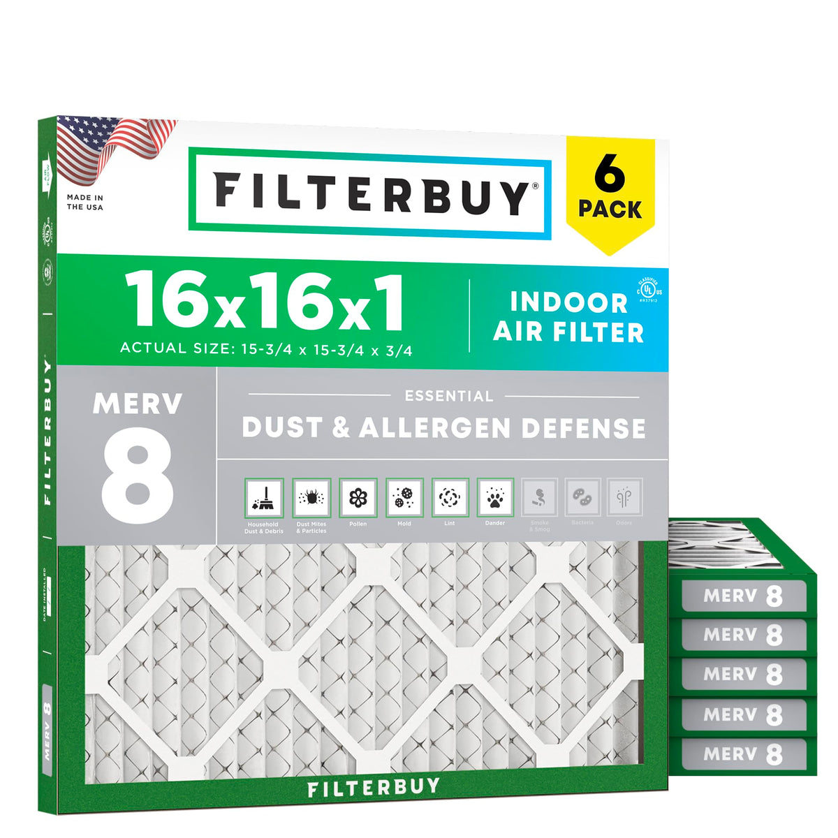 16x16x1 Air Filter MERV 8 Dust & Allergy Defense (6-Pack)