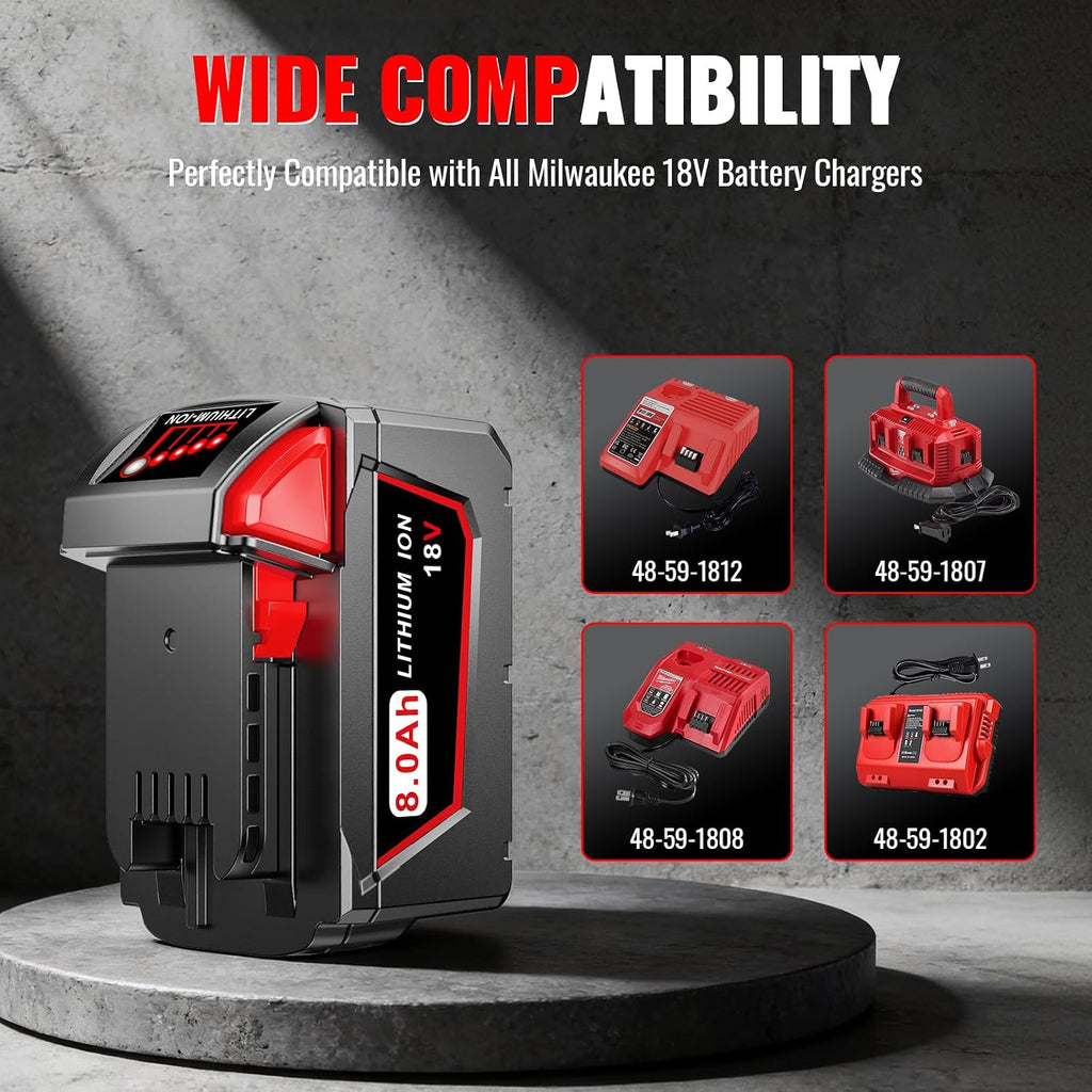 Upgraded 8.0Ah Replacement for Milwaukee M18 Battery, Red Lithium-ion 18Volt XC Battery Compatible with 48-11-1850 48-11-1852 Cordless Power Tools&Chargers(2Pack)
