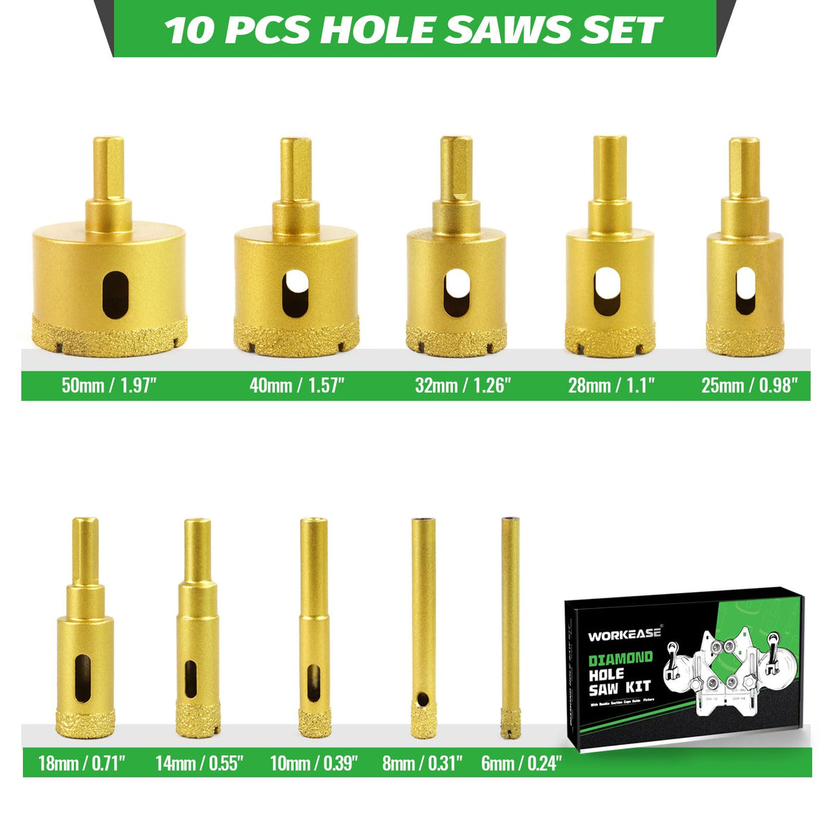 WORKEASE Diamond Hole Saw Kit, 10 PCS, 6-50 mm