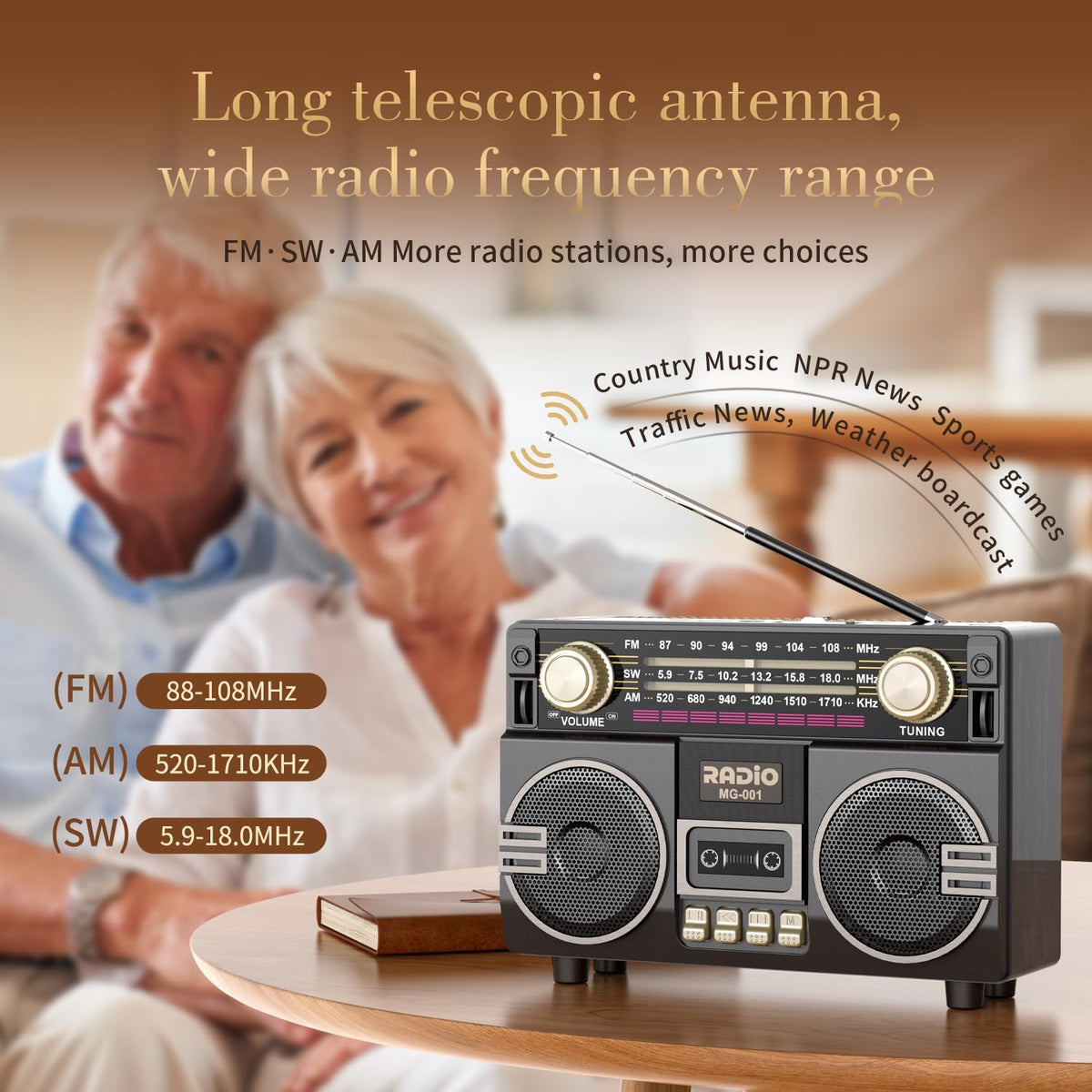 AM FM Radio Portable Shortwave Retro Radio Bluetooth Speaker | USB-C Rechargeable,Double Loudspeaker,Reception, Large