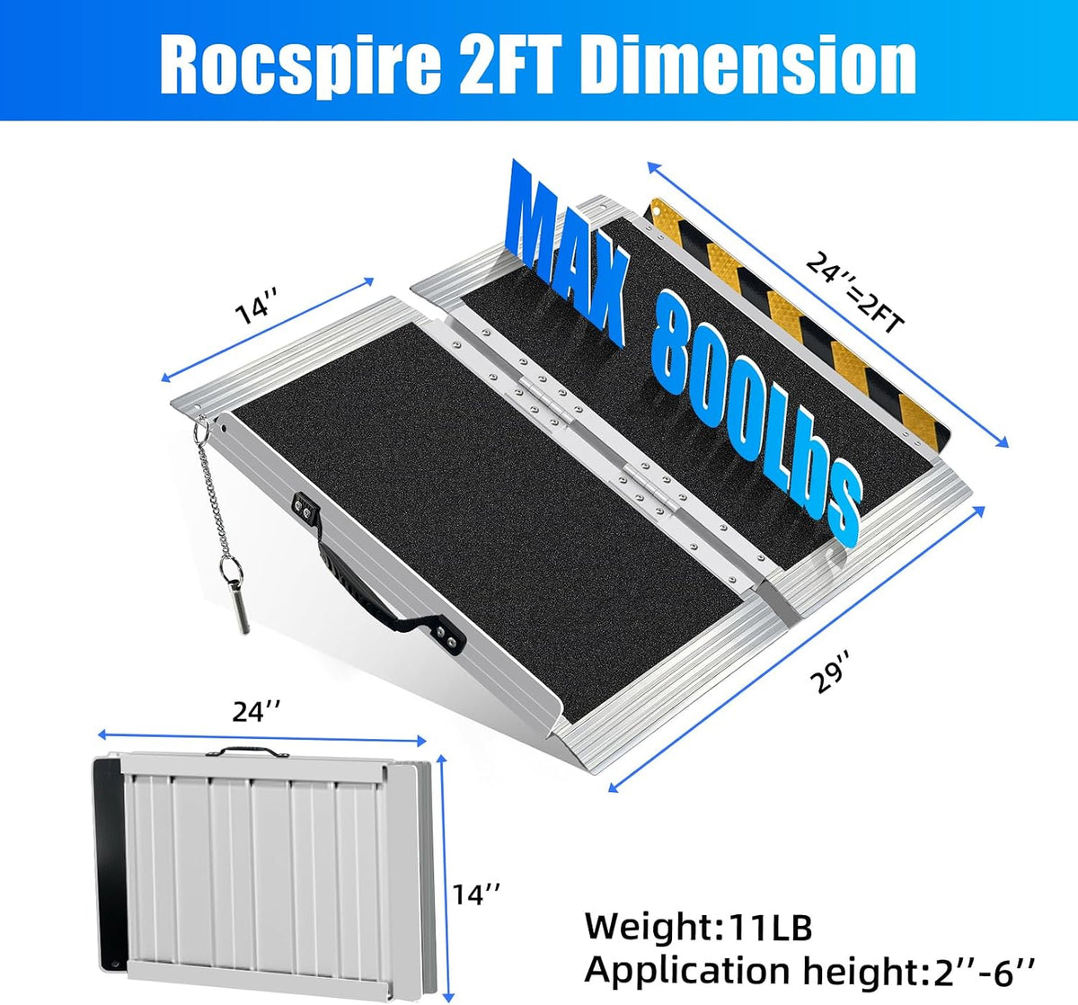 2FT Portable Wheelchair Ramp, 800lb Folding Aluminum