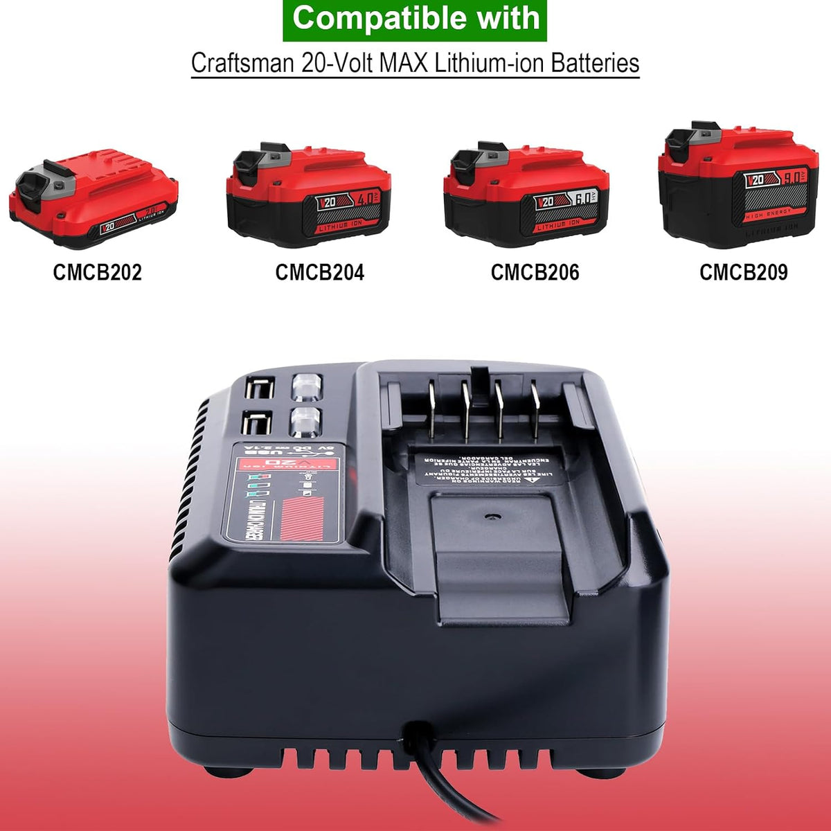 V20 Fast Battery Charger Compatible with Craftsman Battery CMCB204 CMCB202