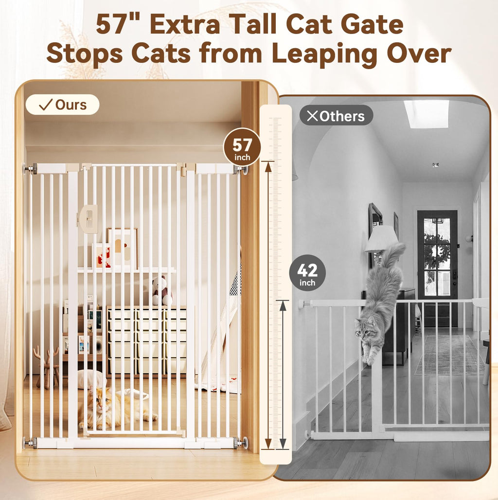 57" Extra-Tall Full-Height Anti-Jump Cat & Pet Safety Gate with No-Drill Pressure Mount & Auto-Close Walk-Through Door
