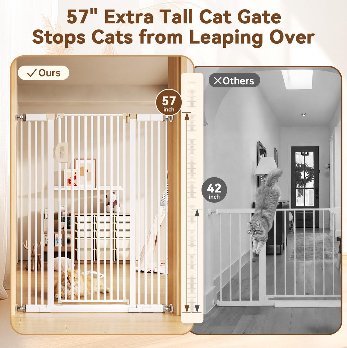 57" Extra-Tall Full-Height Anti-Jump Cat & Pet Safety Gate with No-Drill Pressure Mount & Auto-Close Walk-Through Door