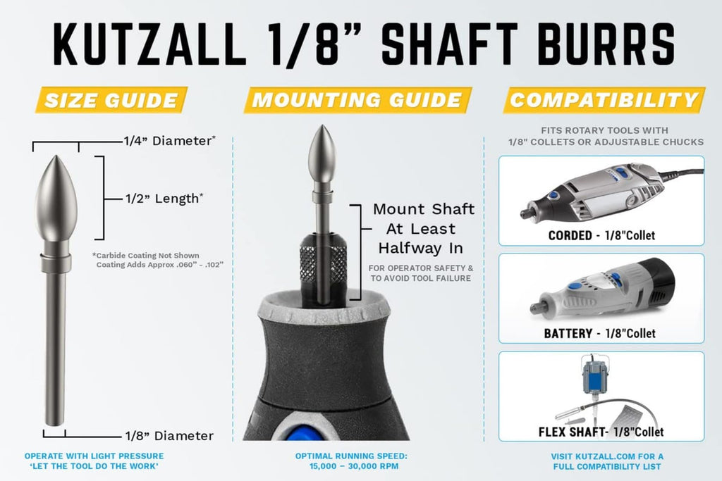 Kutzall 4-Piece Rotary Burr Kit - 1⁄8" Shaft, Very Coarse - Wood Carving Bits for Dremel, Foredom, Ryobi, DeWalt, Milwaukee Tools - Structured Tungsten Carbide
