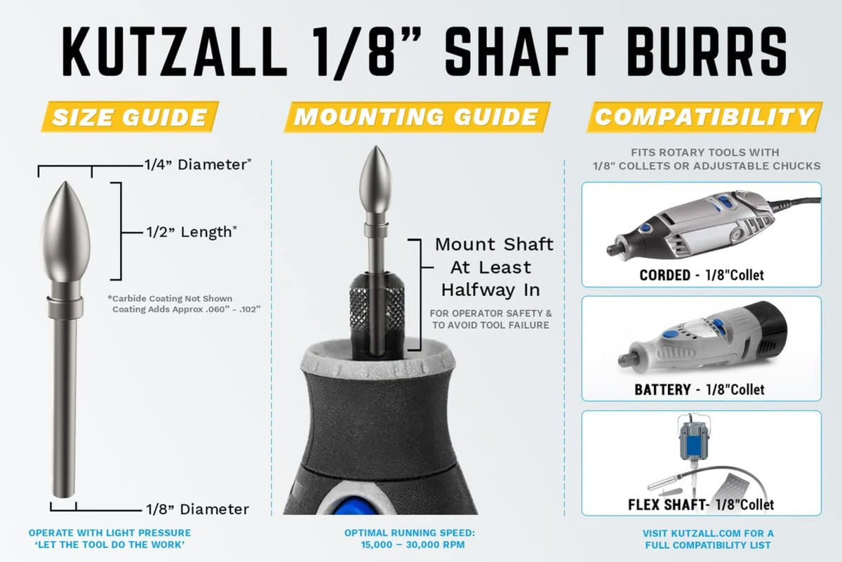 Kutzall 4-Piece Rotary Burr Kit - 1⁄8" Shaft, Very Coarse - Wood Carving Bits for Dremel, Foredom, Ryobi, DeWalt, Milwaukee Tools - Structured Tungsten Carbide
