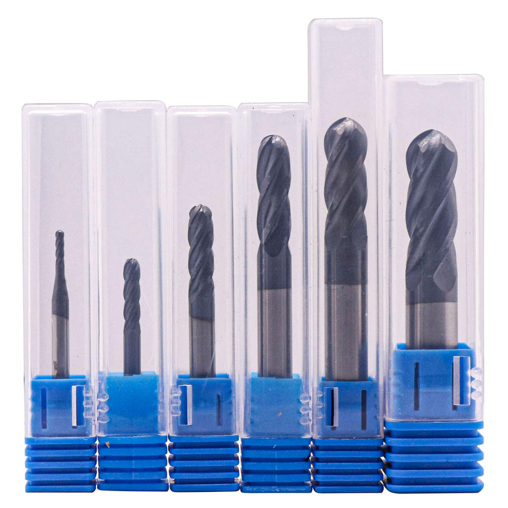 6Pcs 1/16"-3/8" 4 Flute Solid Carbide Ball Nose End Mills Set, AlTiN Coated