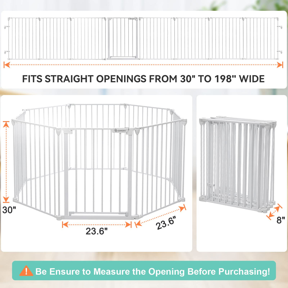 198" x 3" Heavy-Duty Metal Fireplace Hearth & Christmas Tree Safety Fence Gate with Configurable Panels for Indoor Hearth, Stove & Holiday Tree Protection