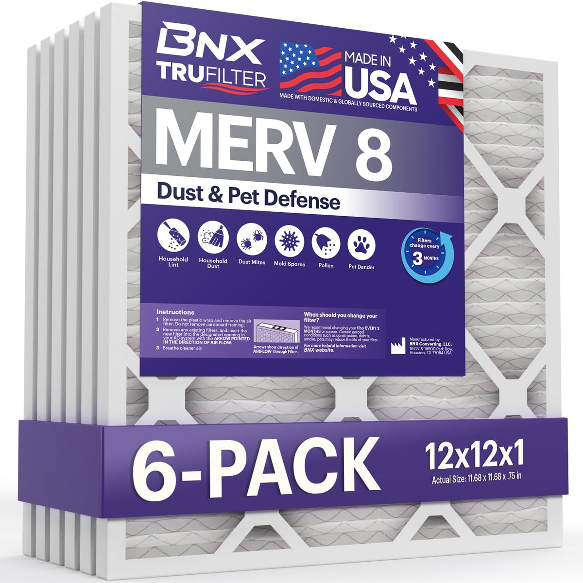 TruFilter 12x12x1 Air Filter MERV 8 (6-Pack) - MADE IN USA – Dust & Pet Defense Pleated Air Conditioner HVAC AC