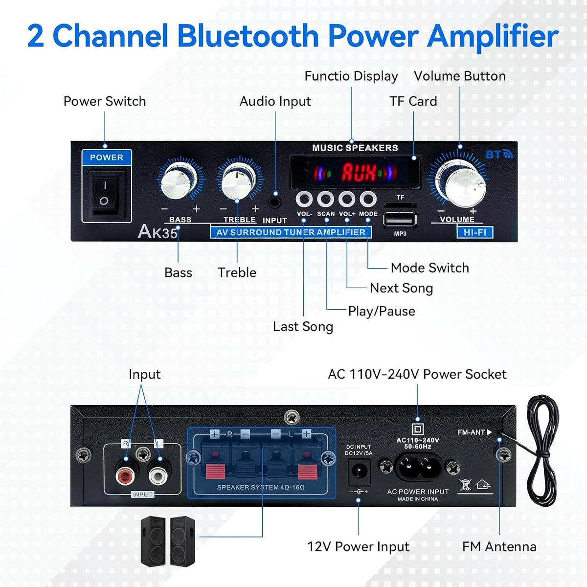 AK35 Home Audio Amplifier Bluetooth 5.0 200W Stereo Receivers