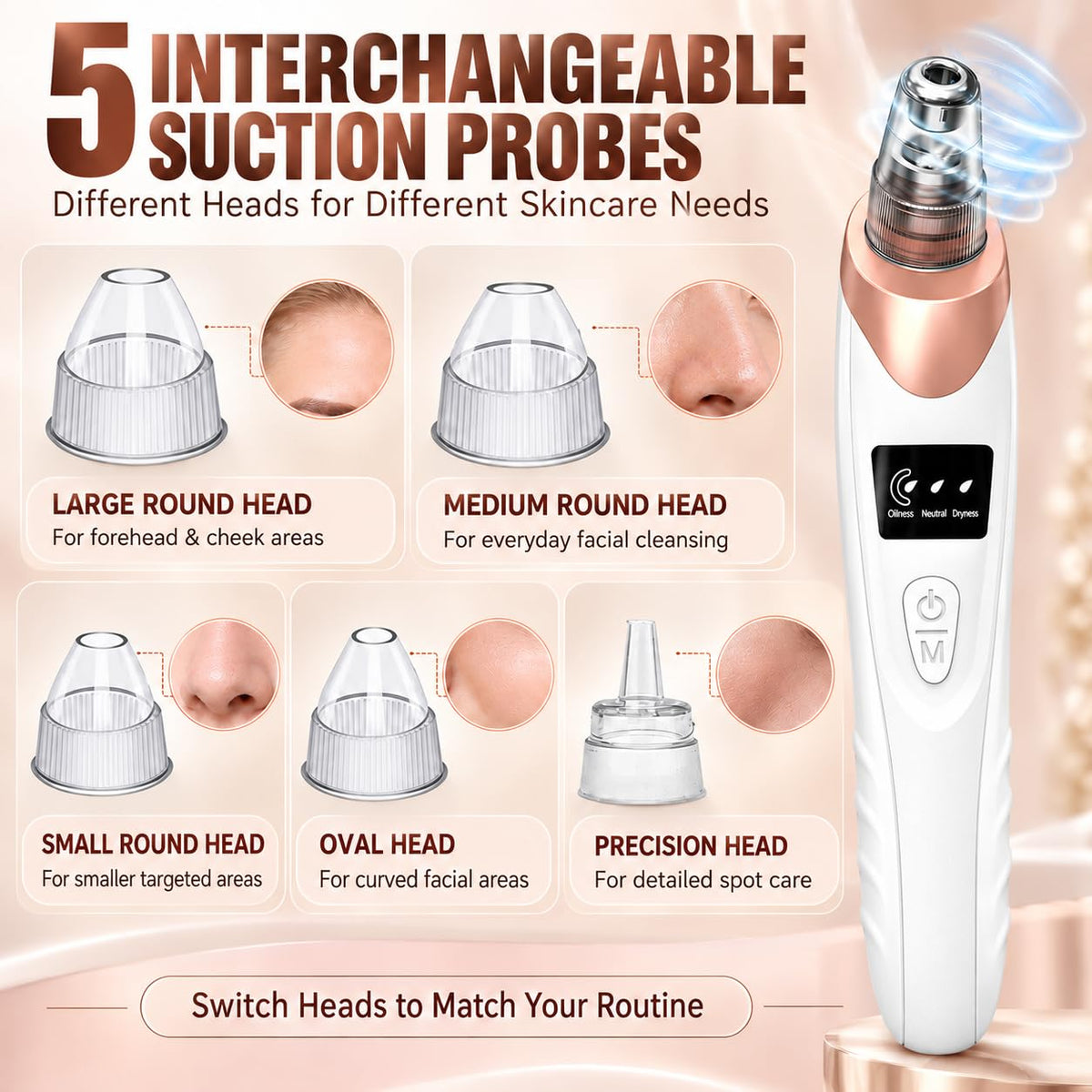 Pore Vacuum Blackhead Remover, 3 Suction Levels, 5 Interchangeable Heads