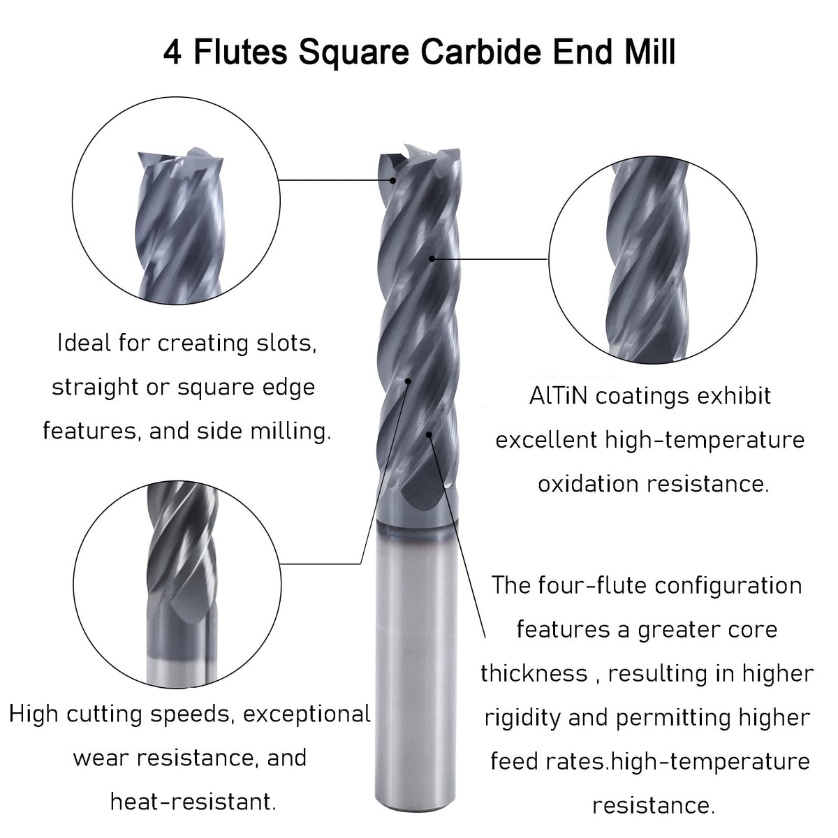 XYunEnZ 1/2" 4-Flute Square End Mill AlTiN Coated Carbide, 2Pcs