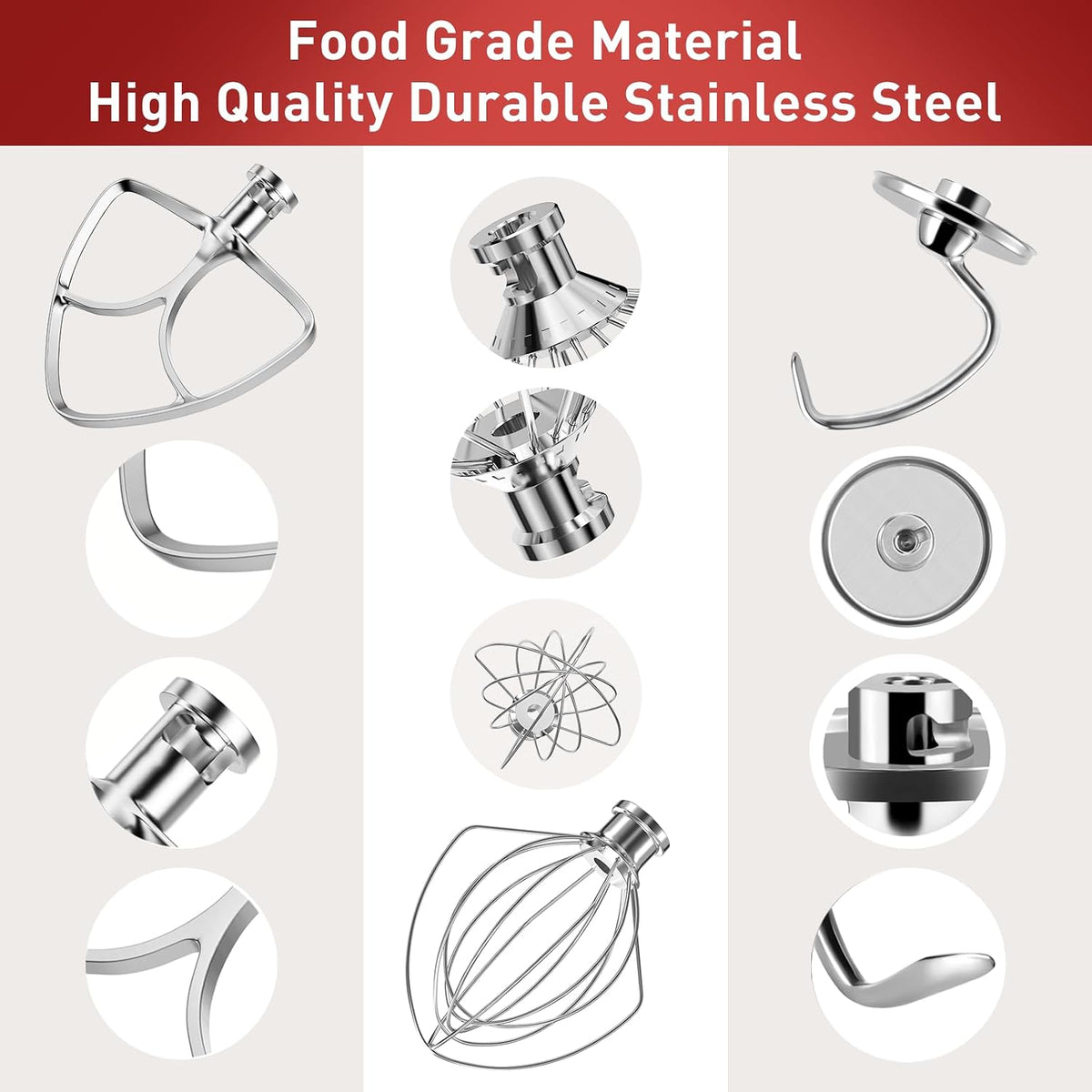 Stainless Steel Stand Mixer Attachments 3-Piece (4.5-5QT Flat Beater, 4.5-5QT Dough Hook, K45WW 6-Wire Whip