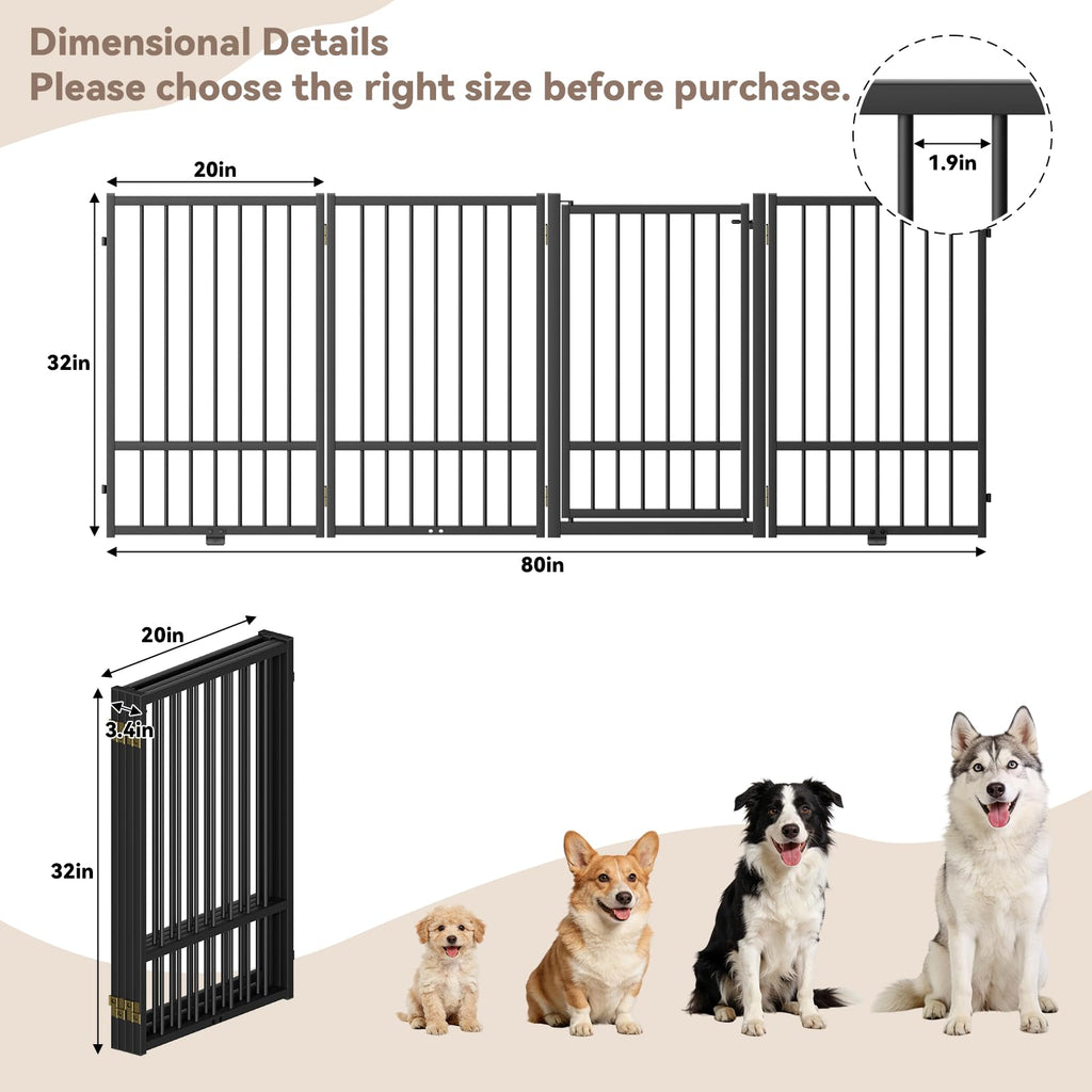 4-Panel Freestanding Heavy-Duty Steel Folding Pet & Dog Barrier Gate with Walk-Through Swing Door for Wide Indoor Openings, Hallways & Stairs